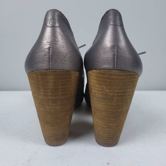Lucky Brand Womens Peony Stacked Heels Metallic Pewter Size 10 Leather Peep Toe - Picture 5 of 8
